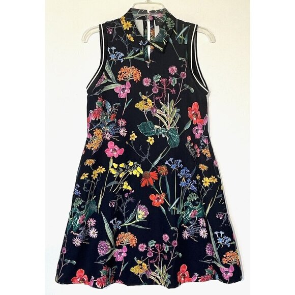 New Gracia Black Floral Print Stretch Sleeveless Polo Tennis Dress - Picture 1 of 8